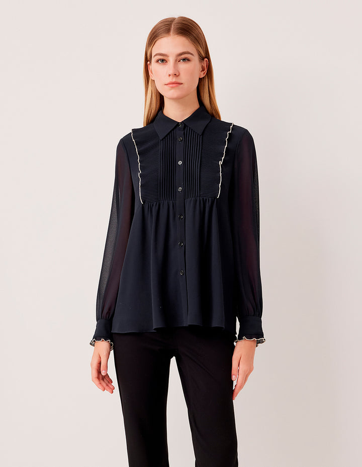 MARYLING Sheer Long-Sleeved Pintuck Ruffle-Trim Silk Blouse