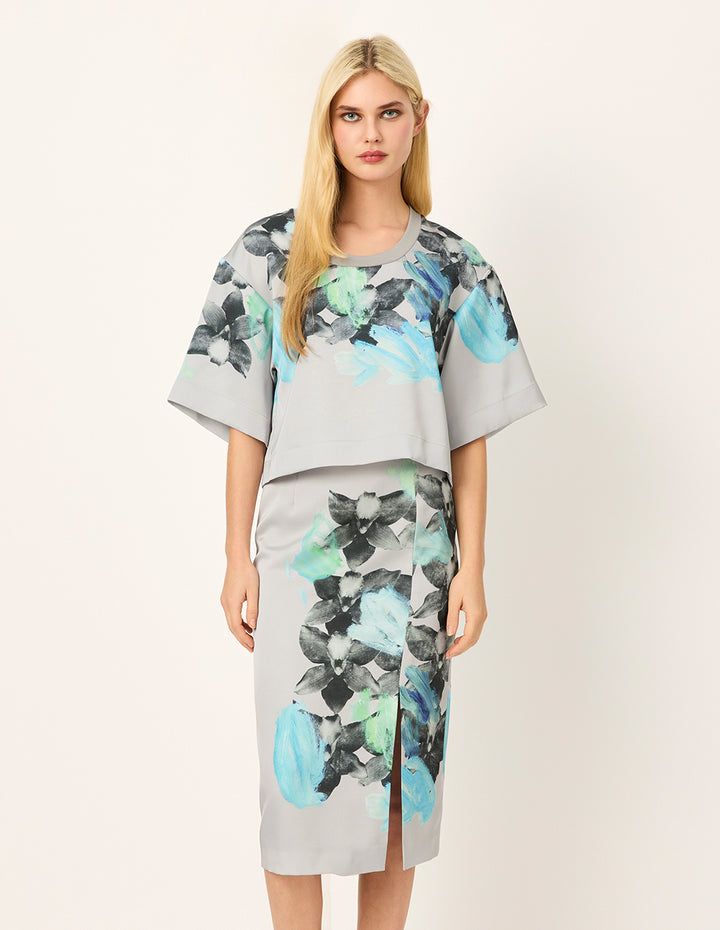 MARYLING U-Neck Floral-Print 1/2 Sleeve Cropped T-Shirt