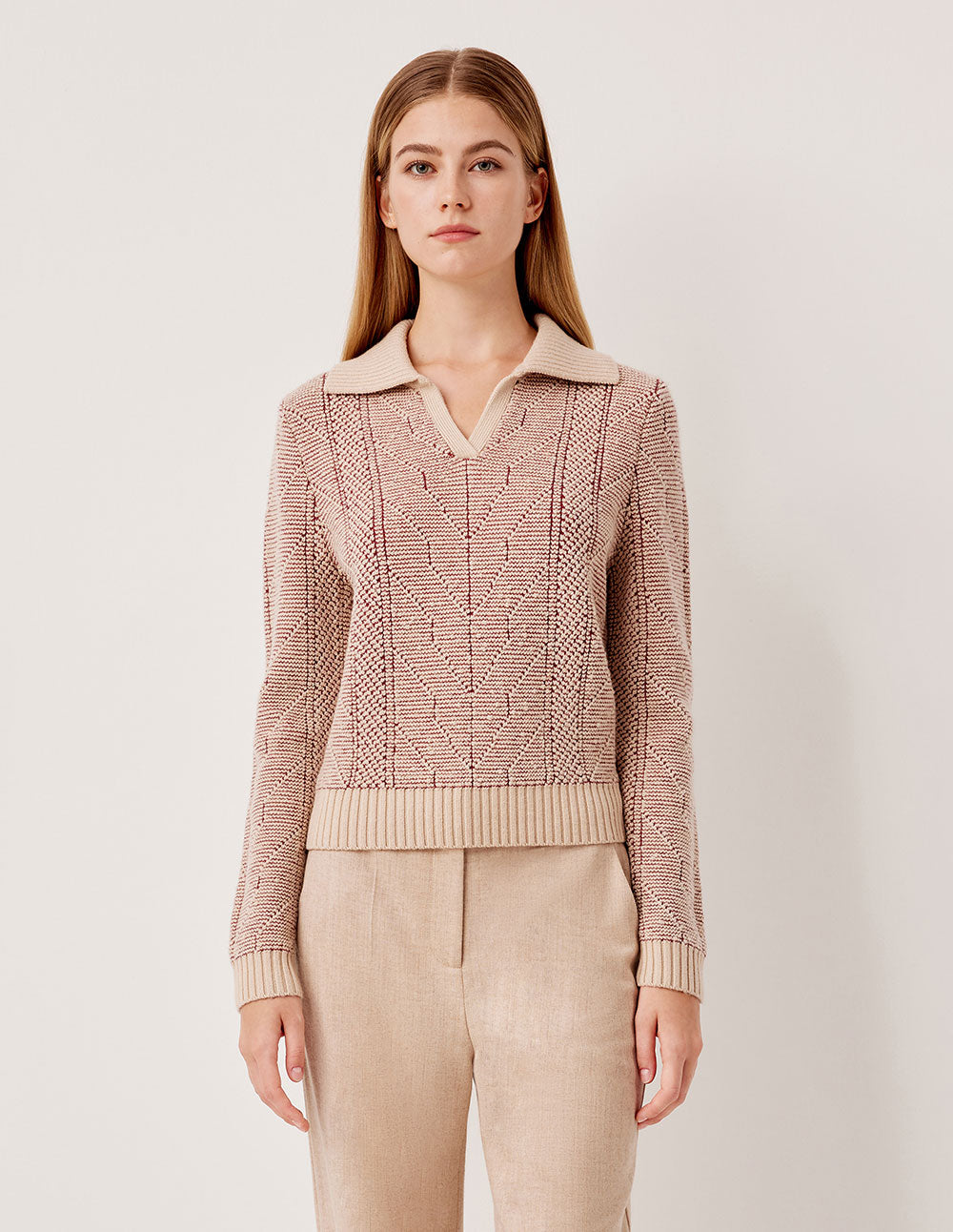 MARYLING Ribbed V-Neck Cable Texture Relaxed Fit Wool Pullover Sweater