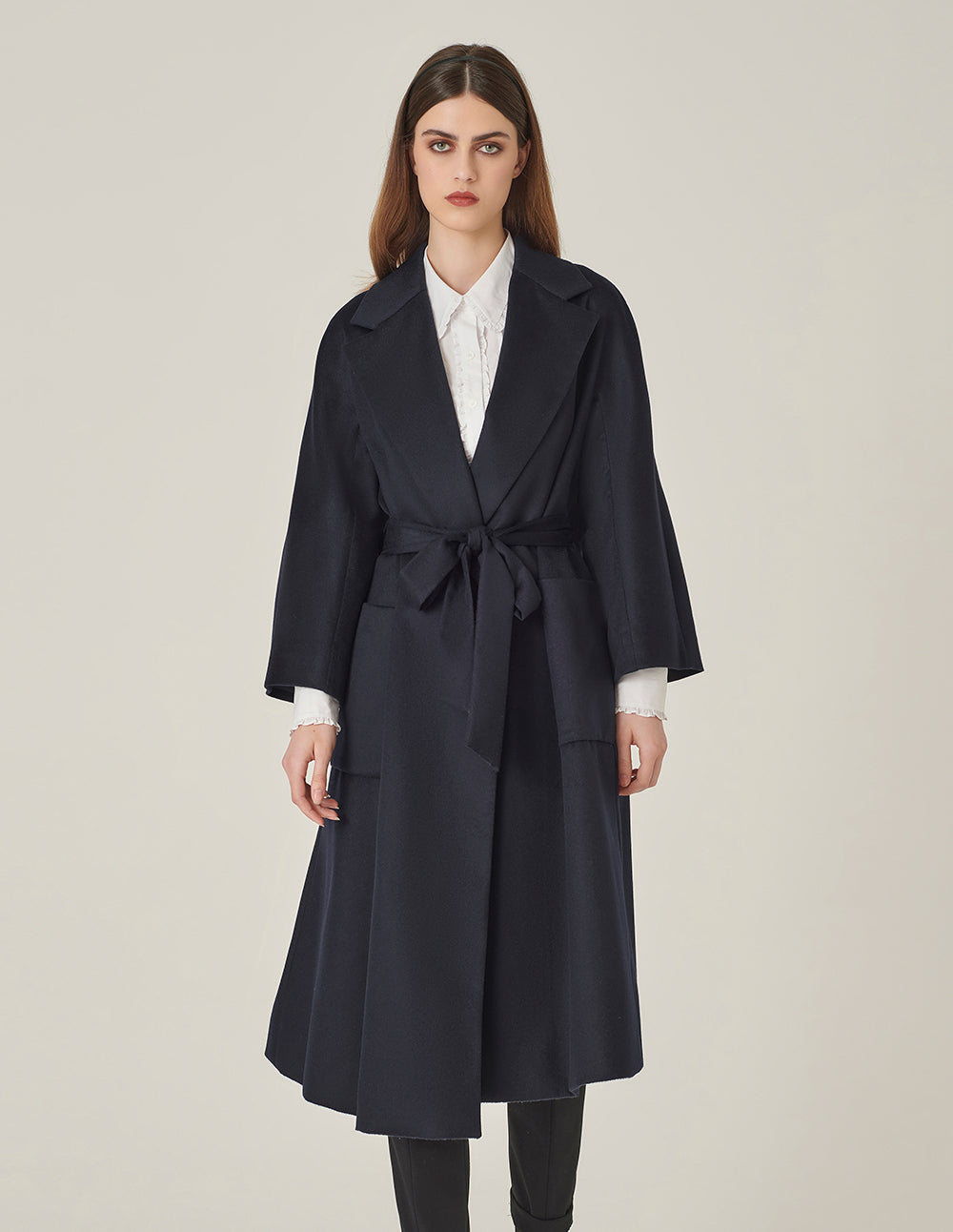 MARYLING Lapel Wrap A-Line Silhouette Silk-Cashmere Coat