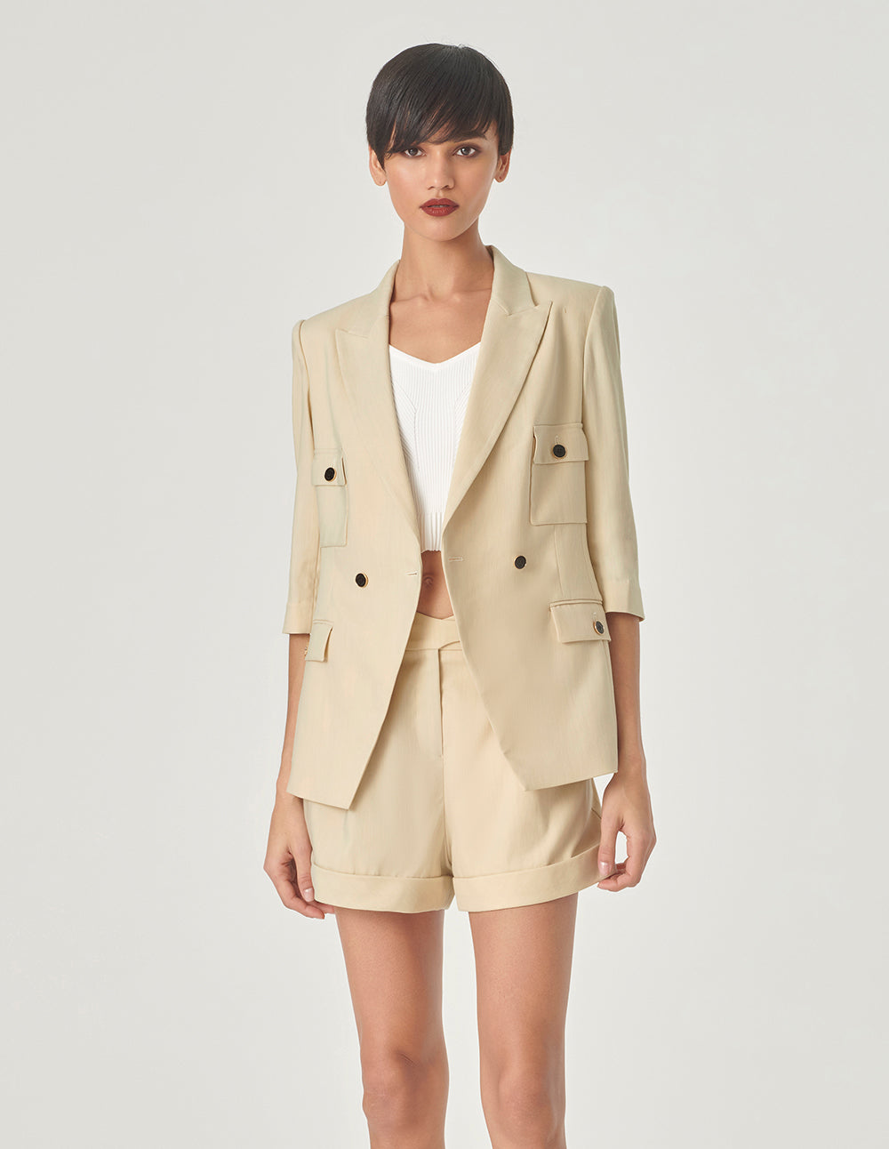 MARYLING Sand Double-Breasted Mid-Sleeve Blazer