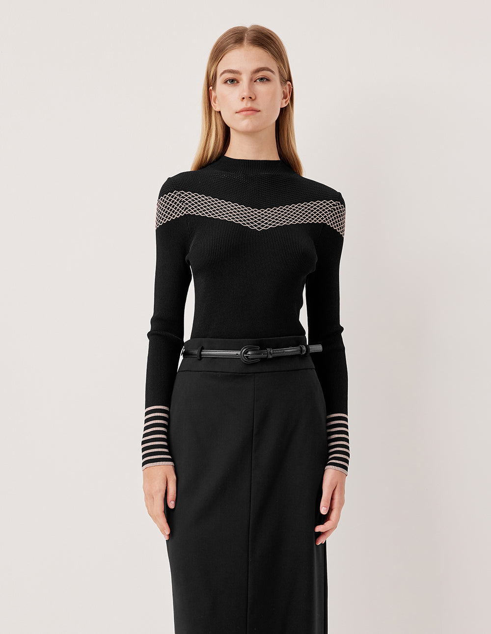 MARYLING Half-Turtleneck Long-Sleeve Diamond Pattern Fitted Knit Pullover