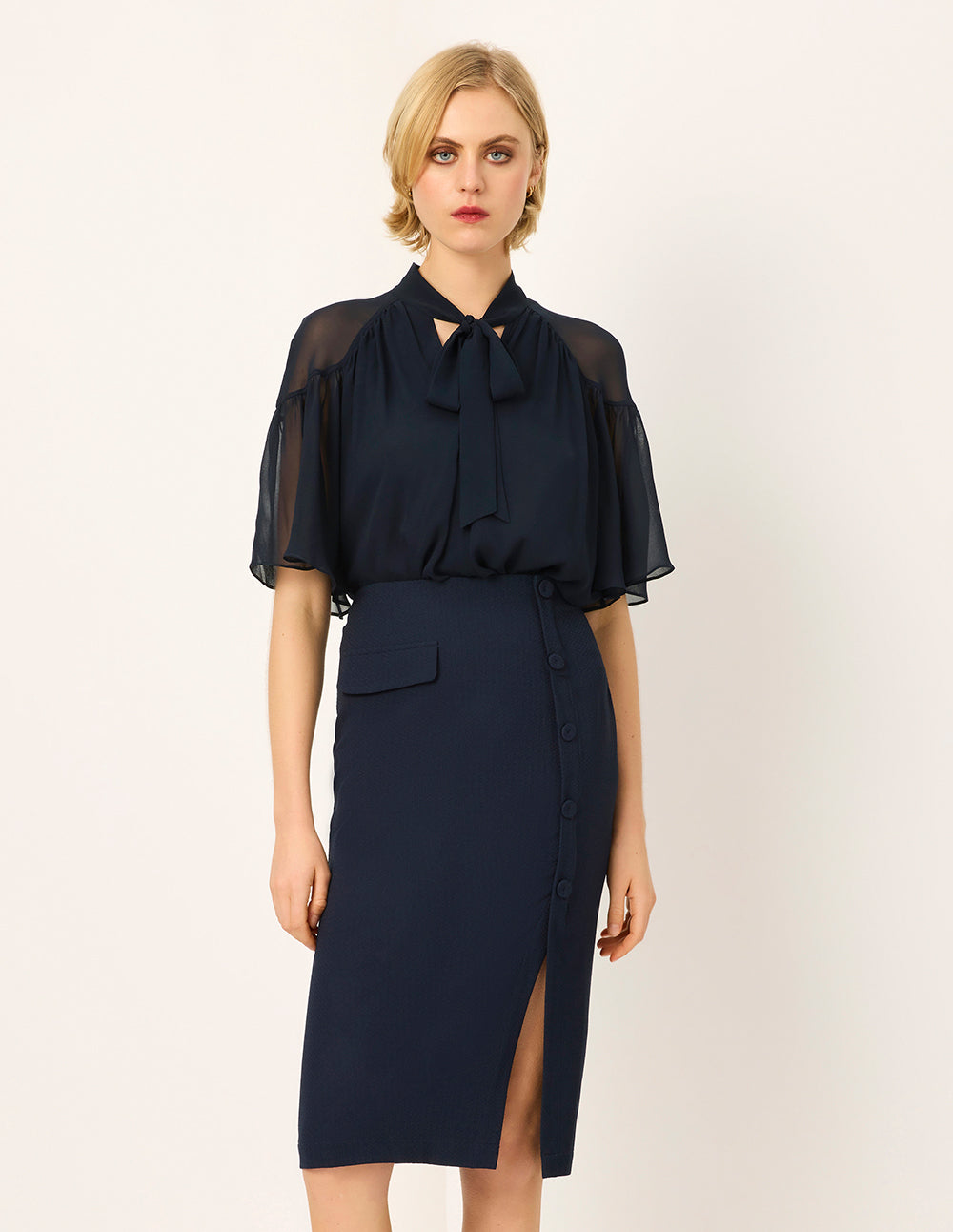 MARYLING V-Neck Half-Sleeve Sheer Overlay Bow Silk Black Top