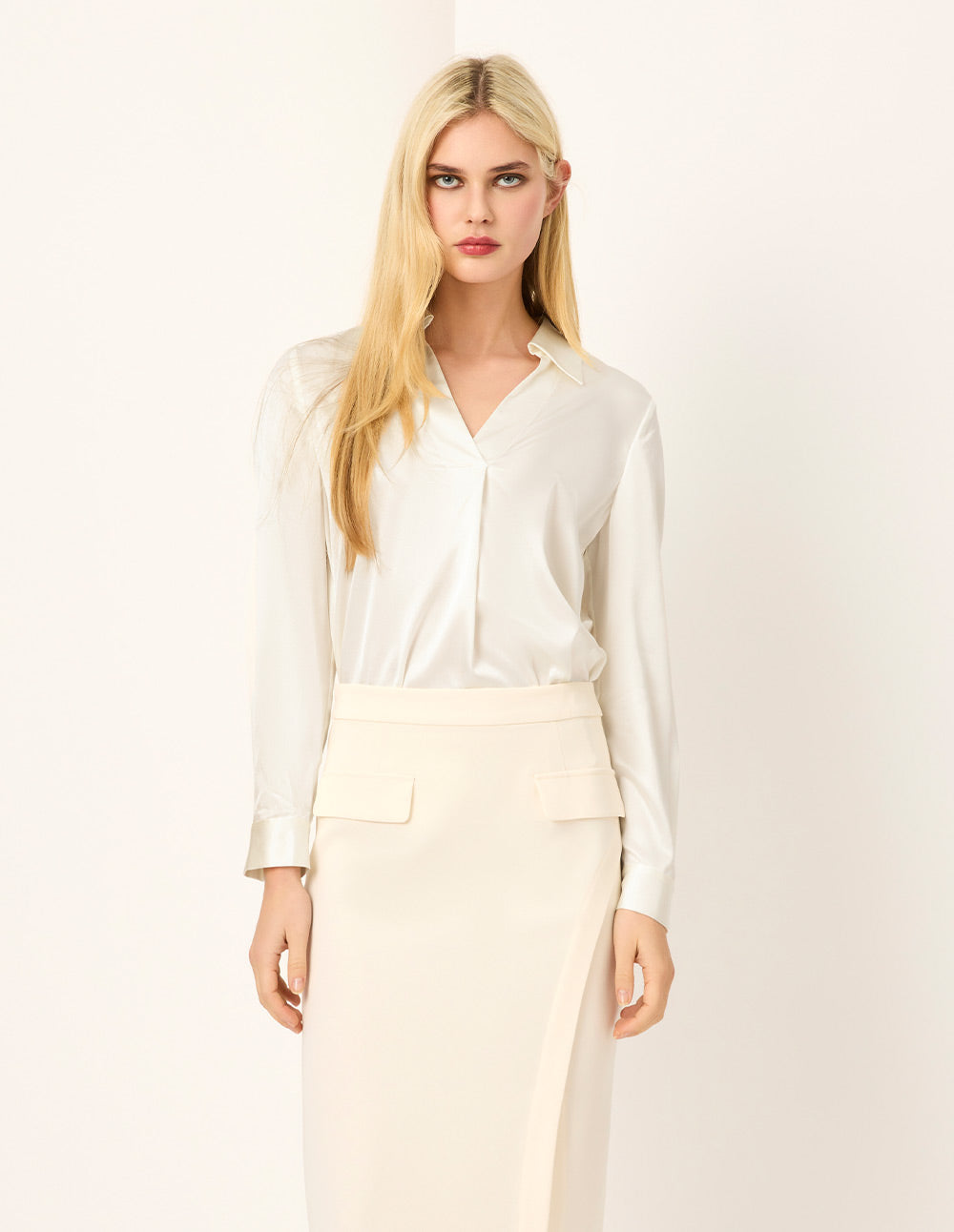 MARYLING Cream V-Neck Silk Long-sleeve Blouse