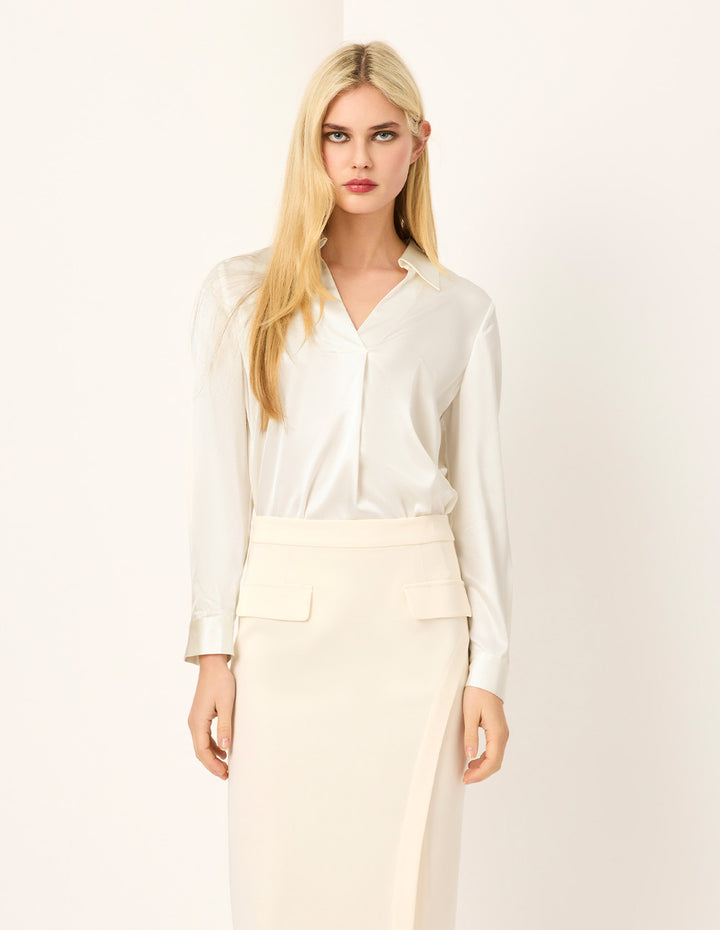 MARYLING Cream V-Neck Silk Long-sleeve Blouse