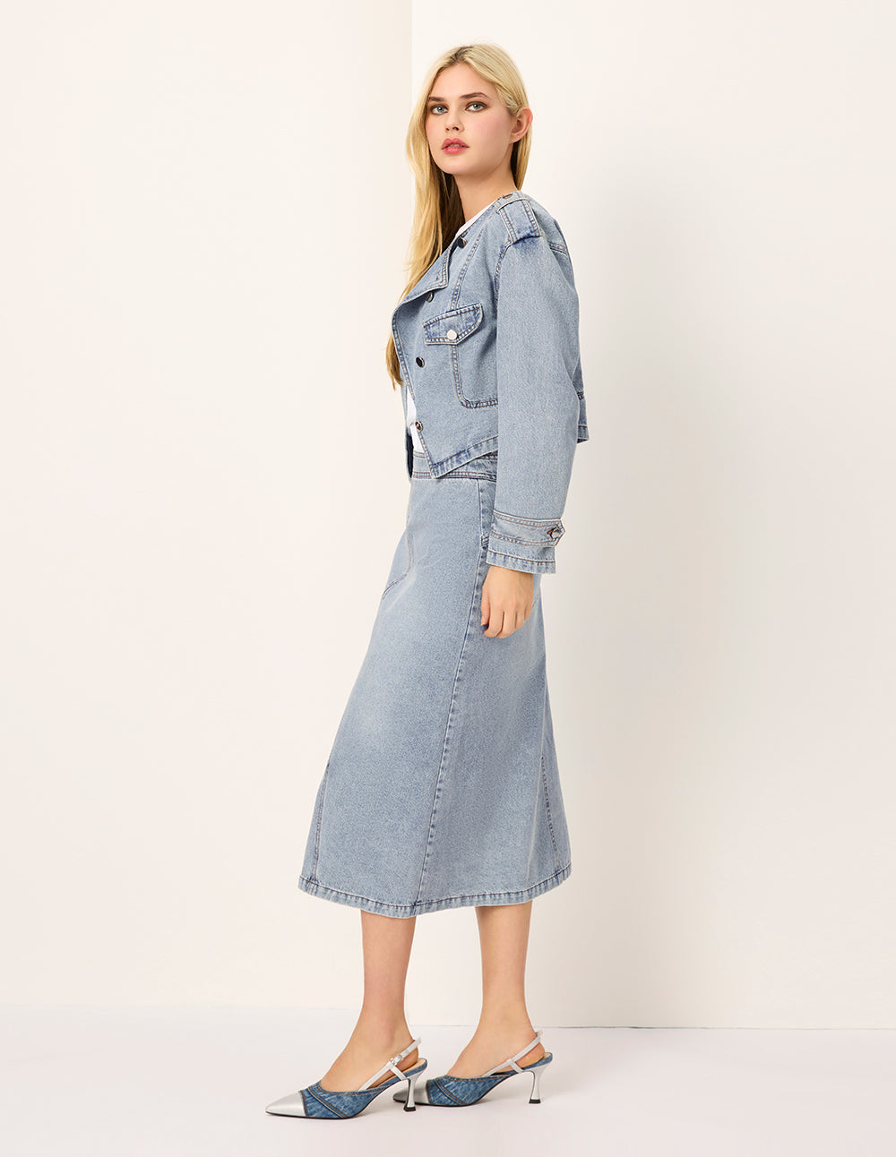 MARYLING Round-Neck Diagonal-Breasted Washed Denim Biker Jacket