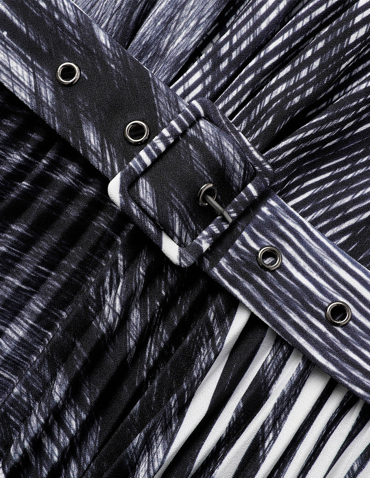 MARYLING Knitted Turtleneck Printed A-Line Pleated Midi Dress