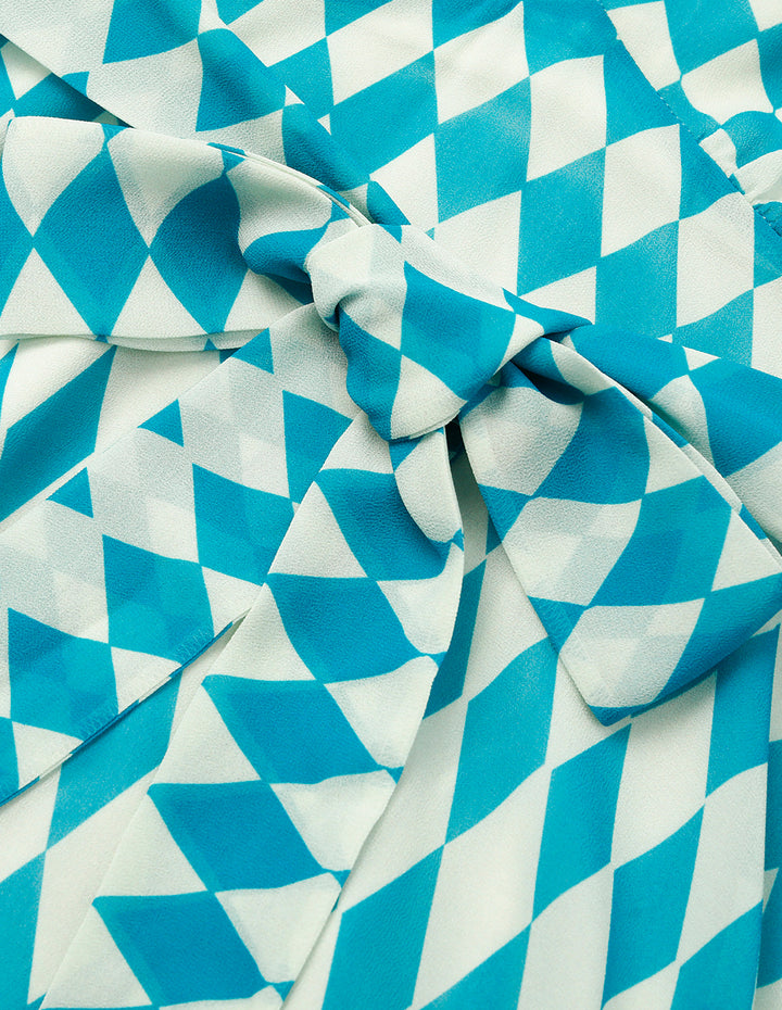 MARYLING V-Neck Puff-Sleeve Front-Tie Print Pleated Midi Dress