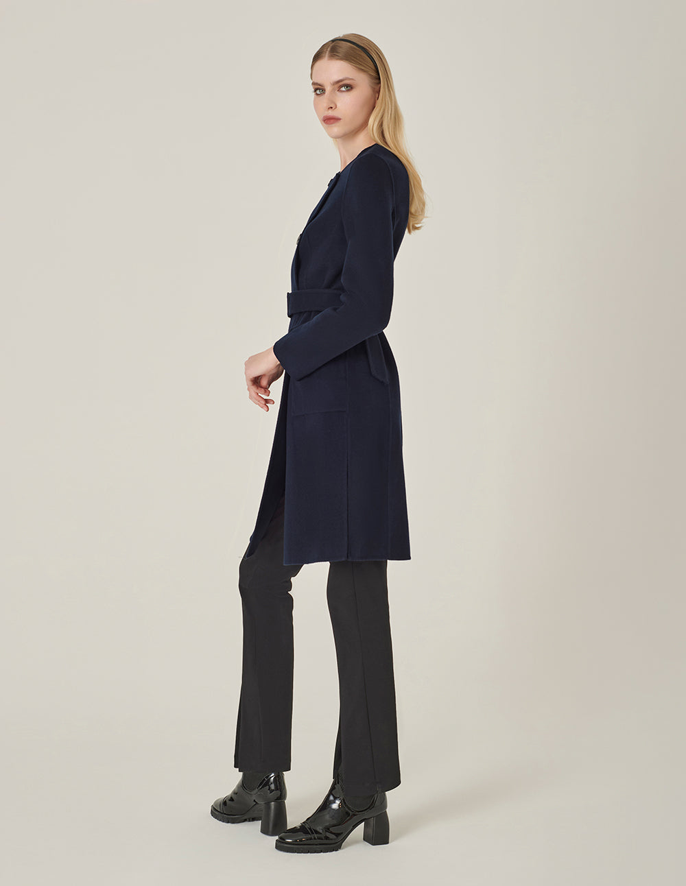 MARYLING Dark Blue Collarless Double-Breasted Coat
