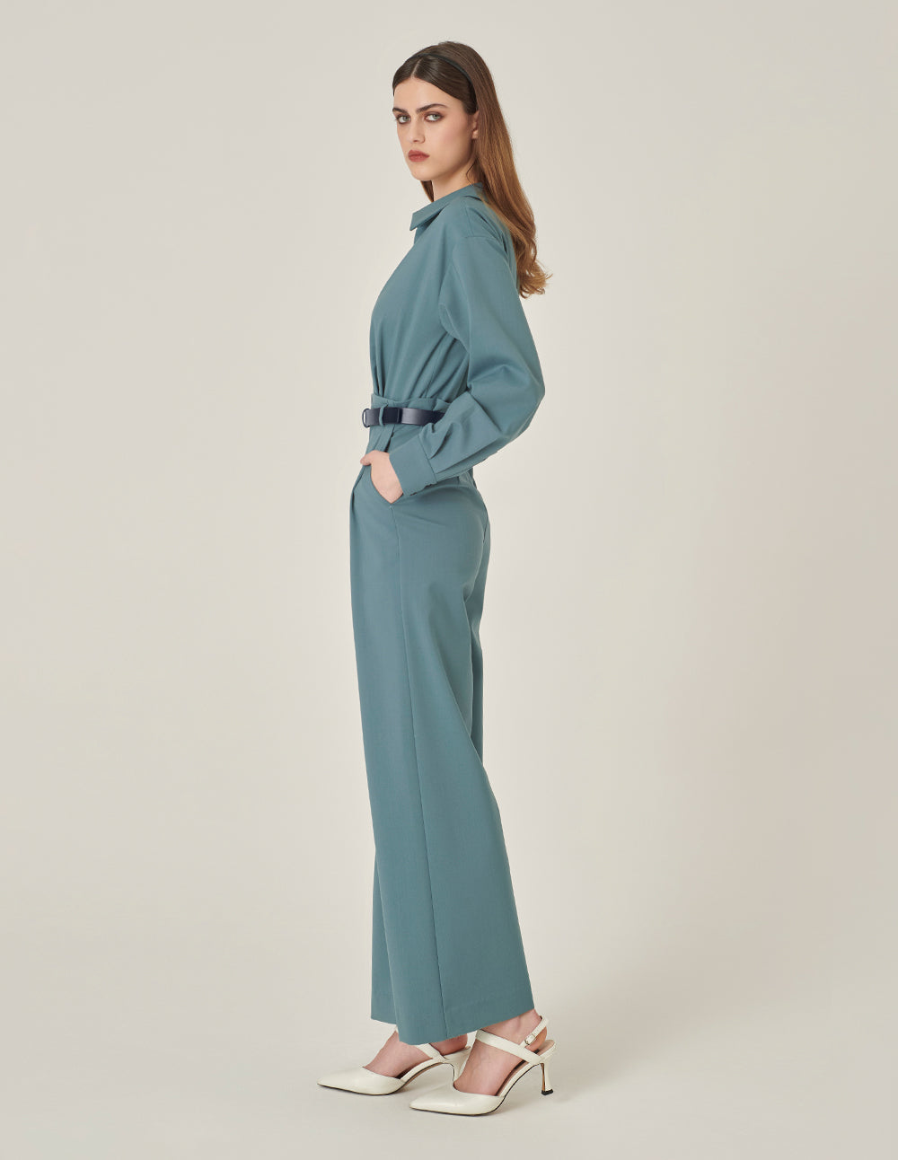 MARYLING Mist Blue Deep V Shirt Collar Wide Leg Jumpsuit