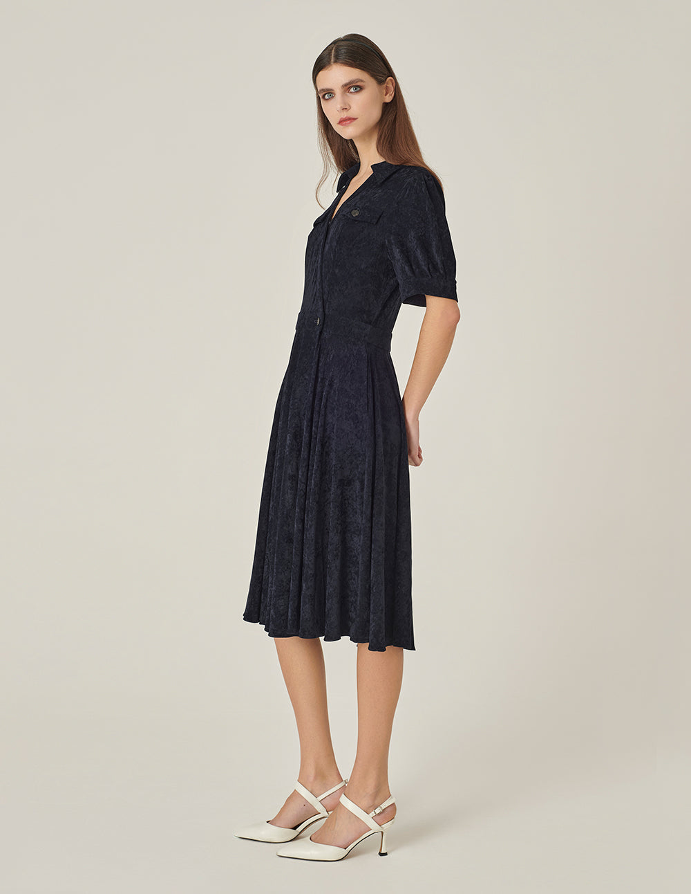 MARYLING V-Neck Short Sleeve Dark Blue Wrap Dress