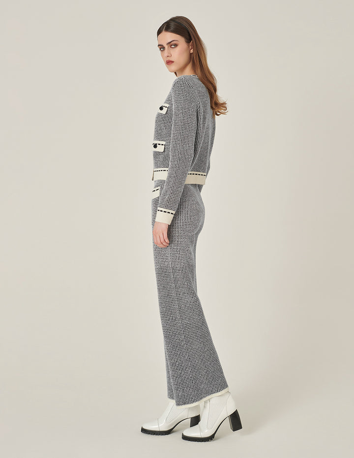 MARYLING Crew-Neck Long-Sleeve Cropped Multi-Pockets Wool Knitted Cardigan
