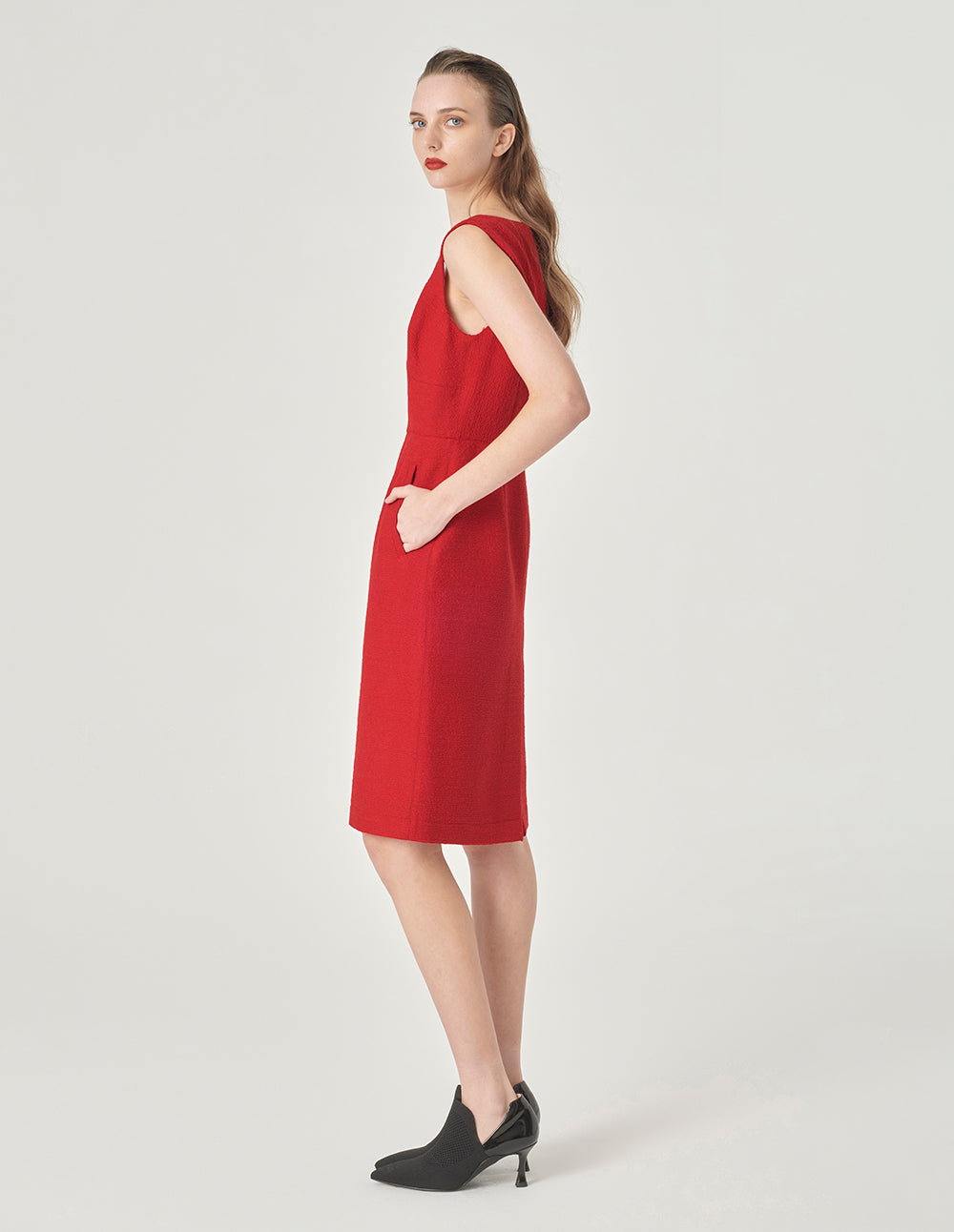 MARYLING Red Square V-Neck Tweed Vest Dress