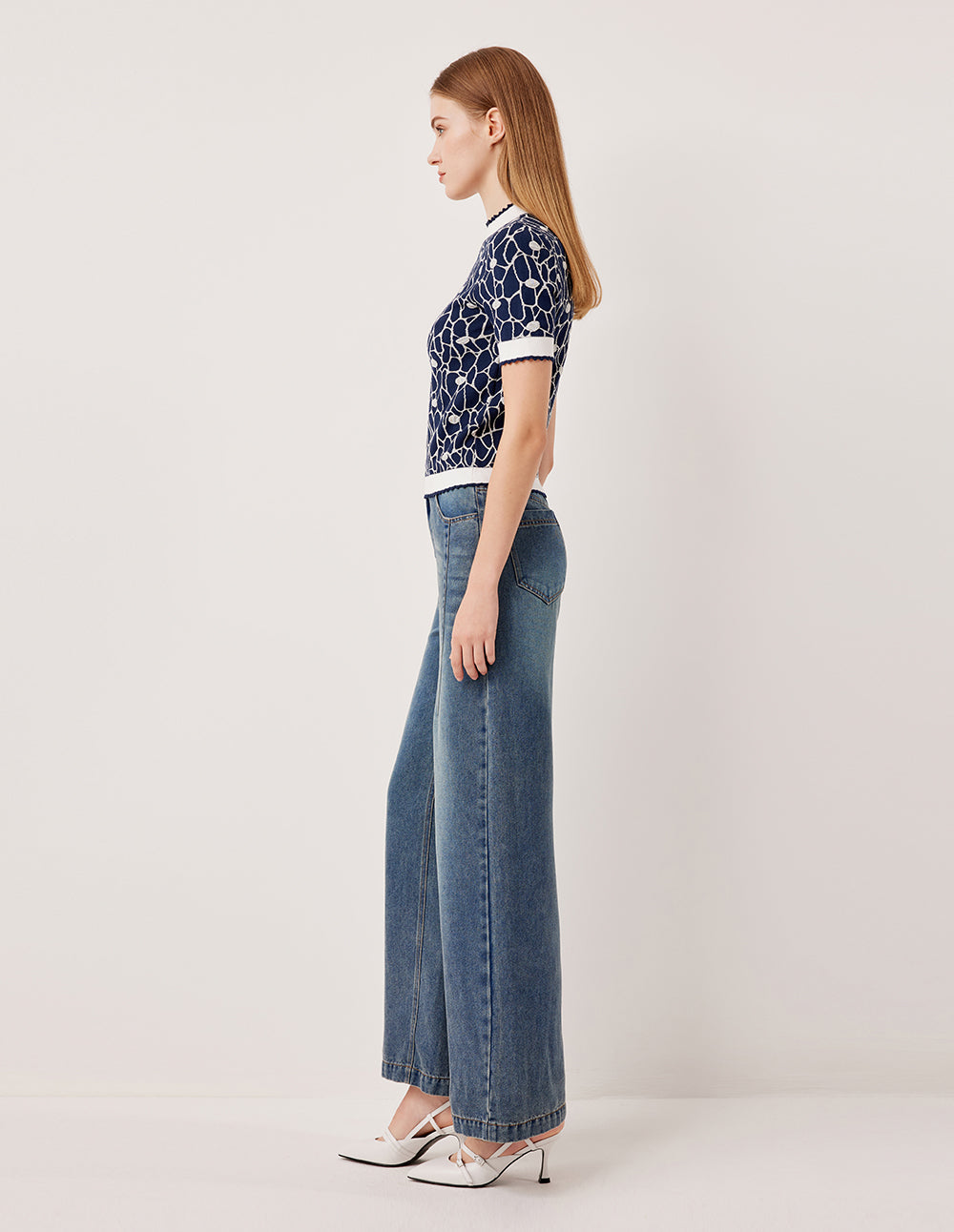 MARYLING Ruffled Half-Turtleneck Short-Sleeved Glass Bead Print Knit Pullover