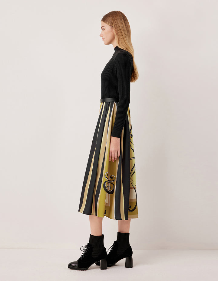 MARYLING Semi-High Neck Long Sleeve Knit Patchwork Print Midi Dress