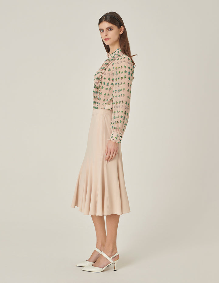 MARYLING Small Stand Collar Ruffle Tree-Printed Top