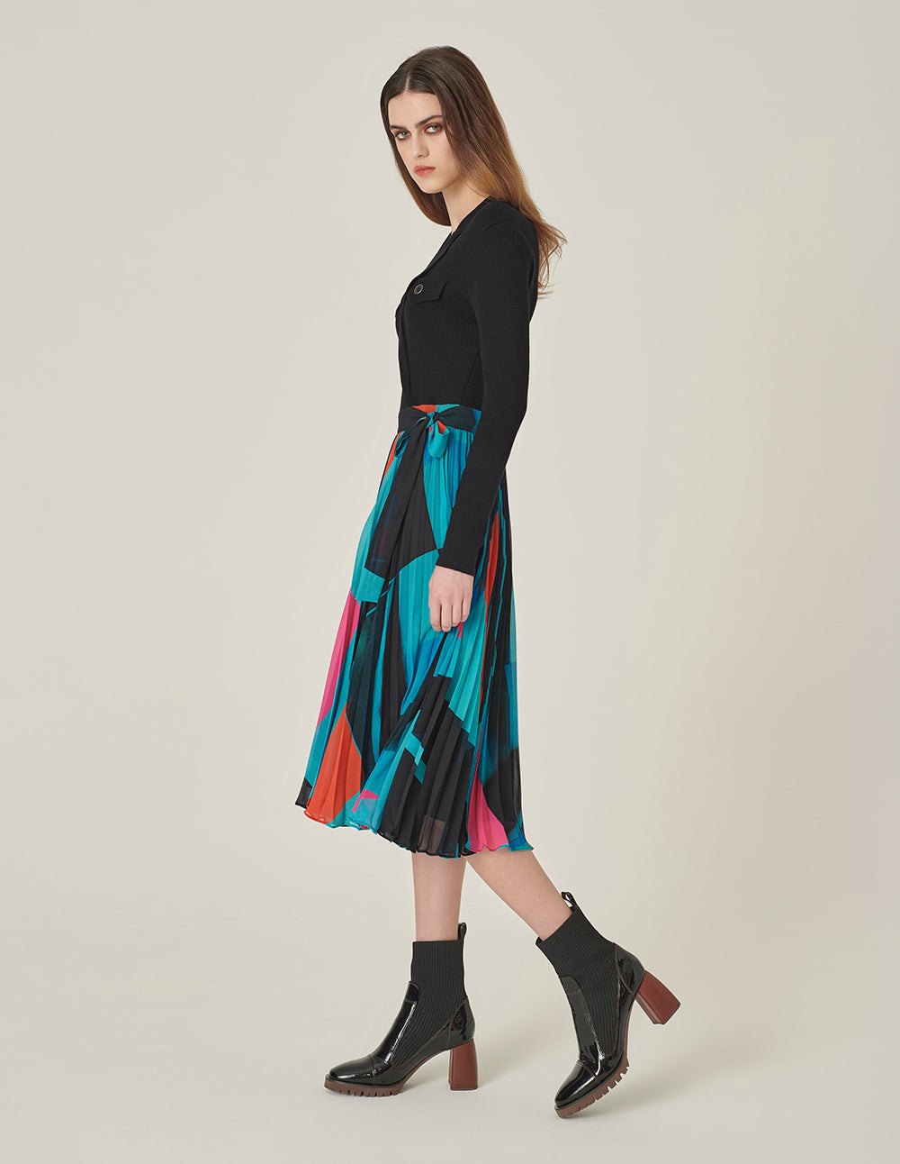 MARYLING Lapel Knitted Patchwork Printed Pleated Midi Dress