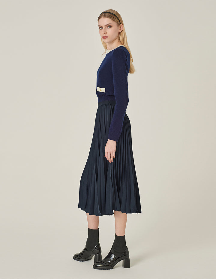 MARYLING Round-Neck Contrast Long-Sleeve Cropped Cashmere Knitted Sweater