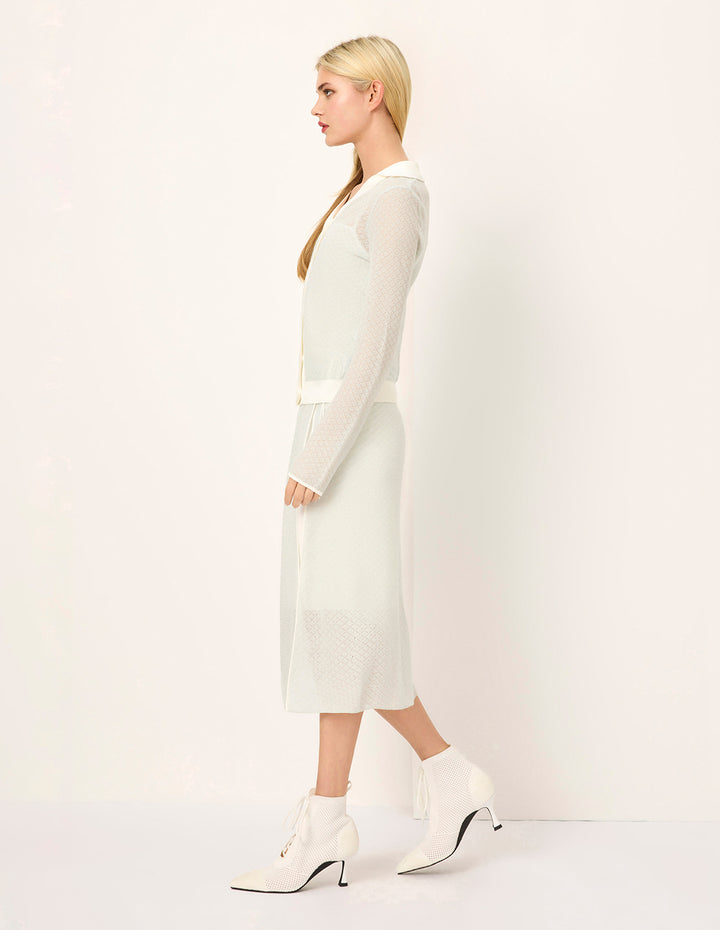 MARYLING Lapel Long Sleeve White Stripe-Trimmed Knitted Cardigan