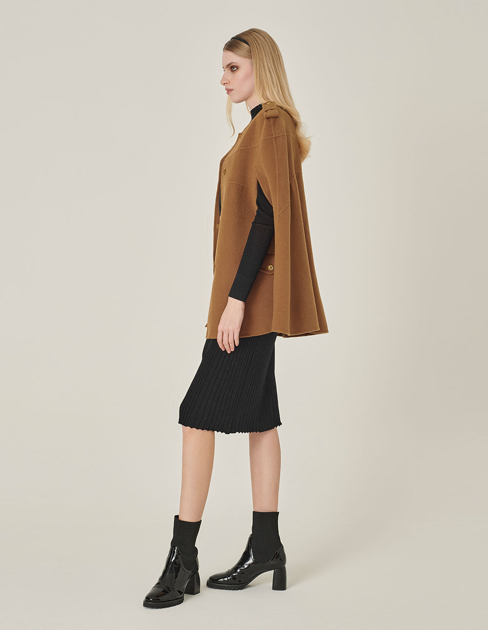 MARYLING Camel Silk Round Collar Cape Jacket