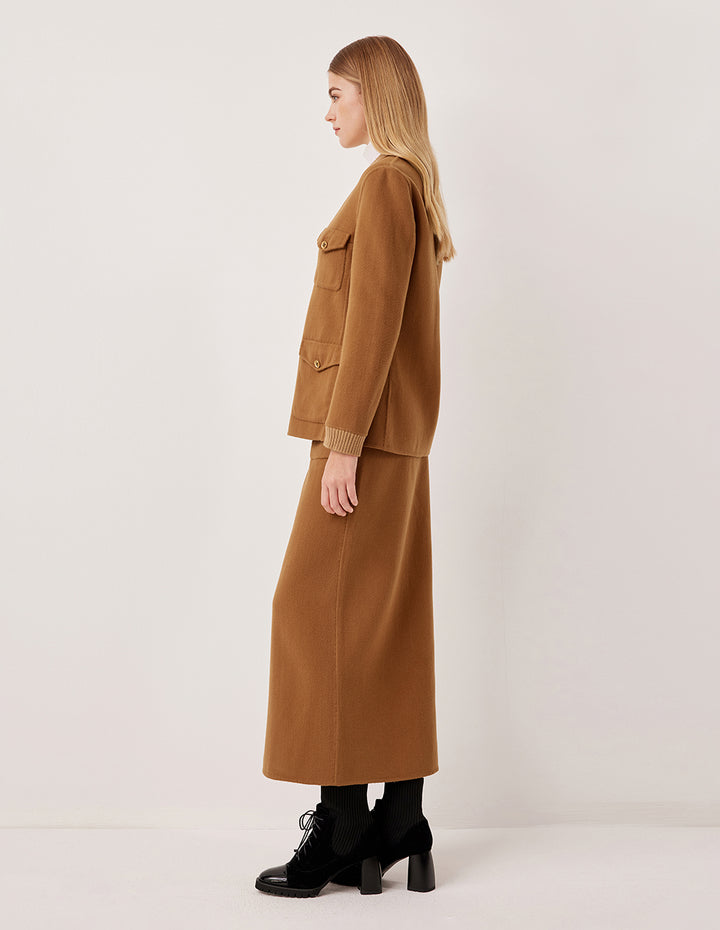 MARYLING V-Neck Long-Sleeve Multi-Pocket Short Wool Coat