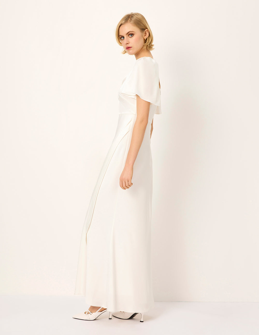 MARYLING V-Neck Flared Short-Sleeves Gathered Backless Satin White Evening Gown Dress