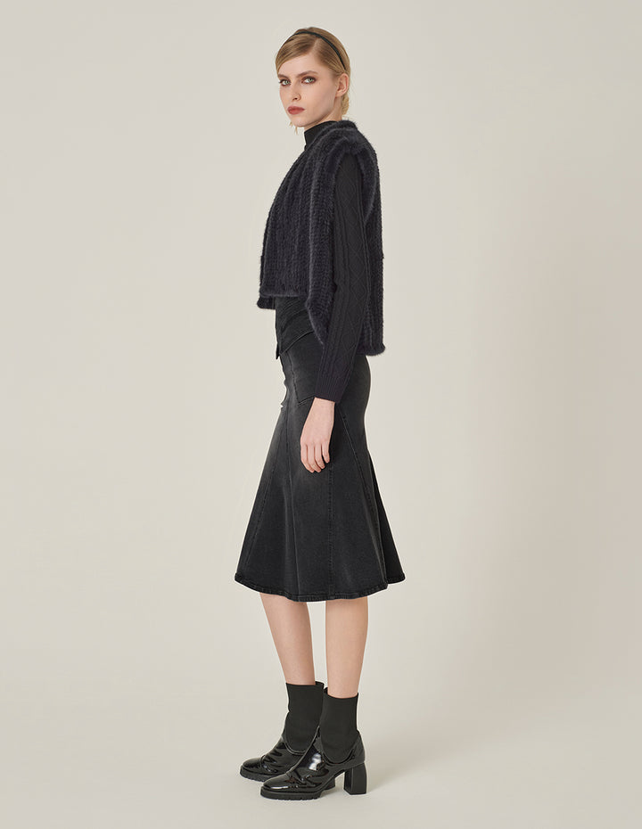 MARYLING Smoke Black Washed Denim Fishtail Knee-Length Skirt