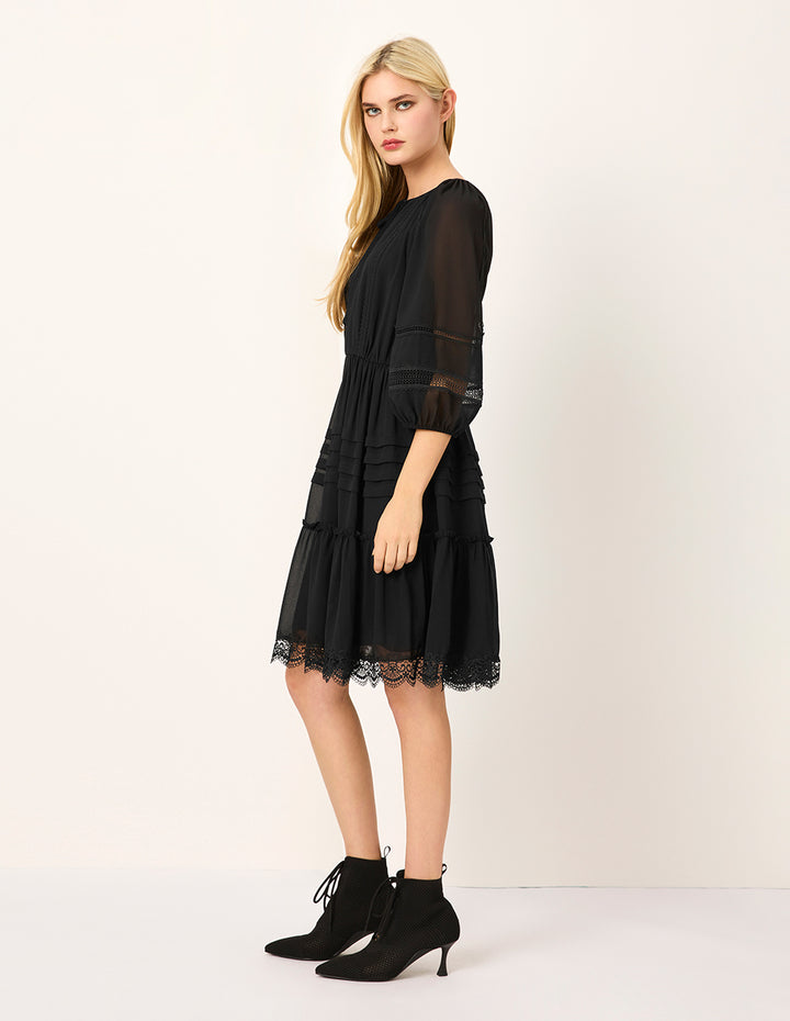 MARYLING Tie V-Neck Sheer Puff Long-Sleeves Empire-Waist Lace-Trim Flounce Silk Midi Dress