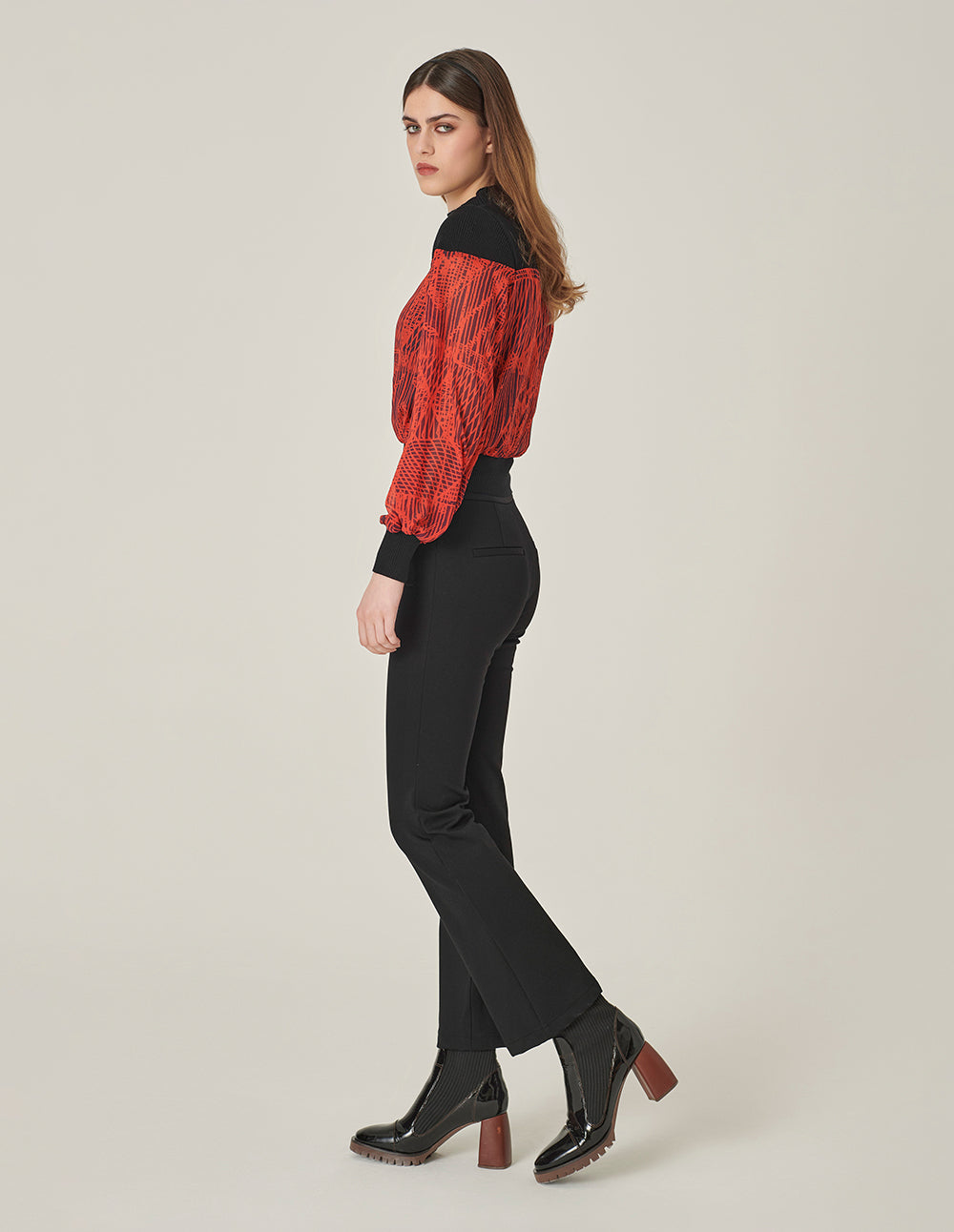 MARYLING High Collar Knit Patchwork Print Blouse