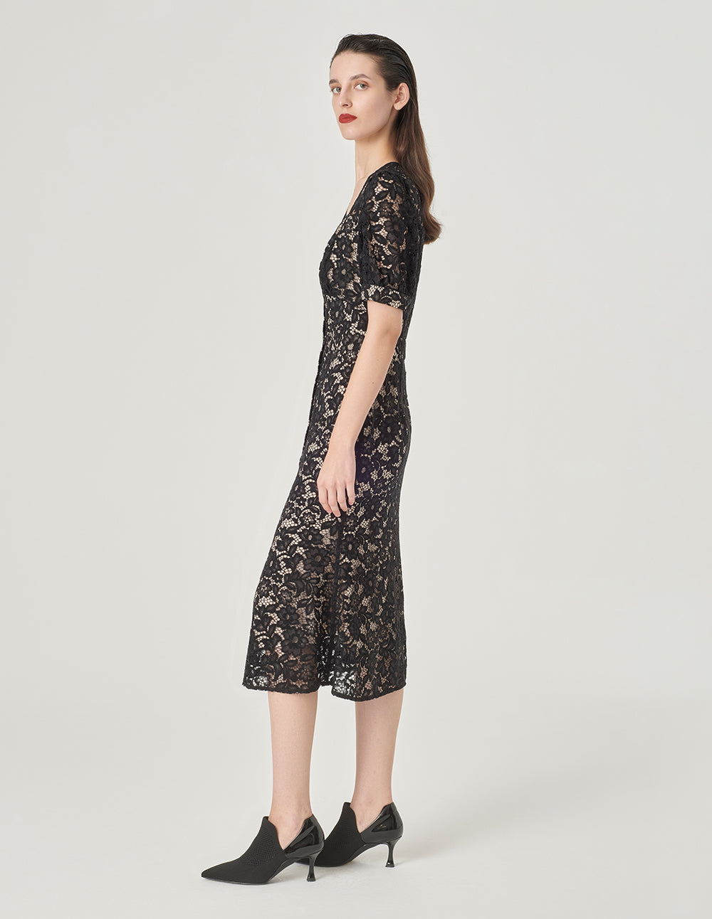 MARYLING Puff Sleeve Fishtail Lace Dress