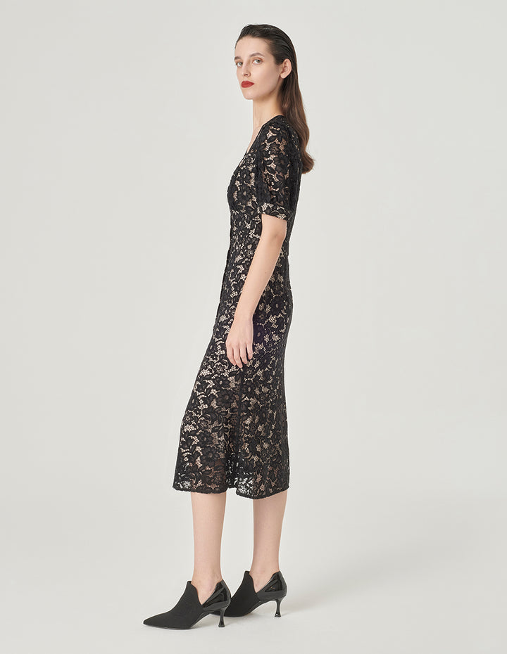 MARYLING Puff Sleeve Fishtail Lace Dress
