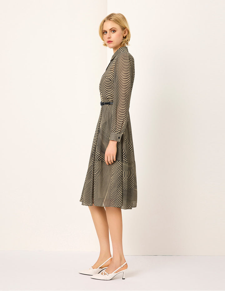 MARYLING Black Striped Print Midi Shirt Dress