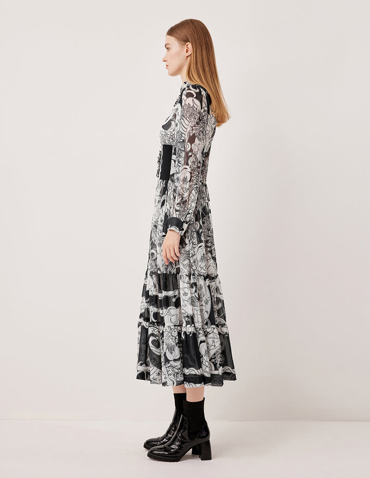 MARYLING Semi-High Neck Ruffle Paisley Print Pleated Midi Dress