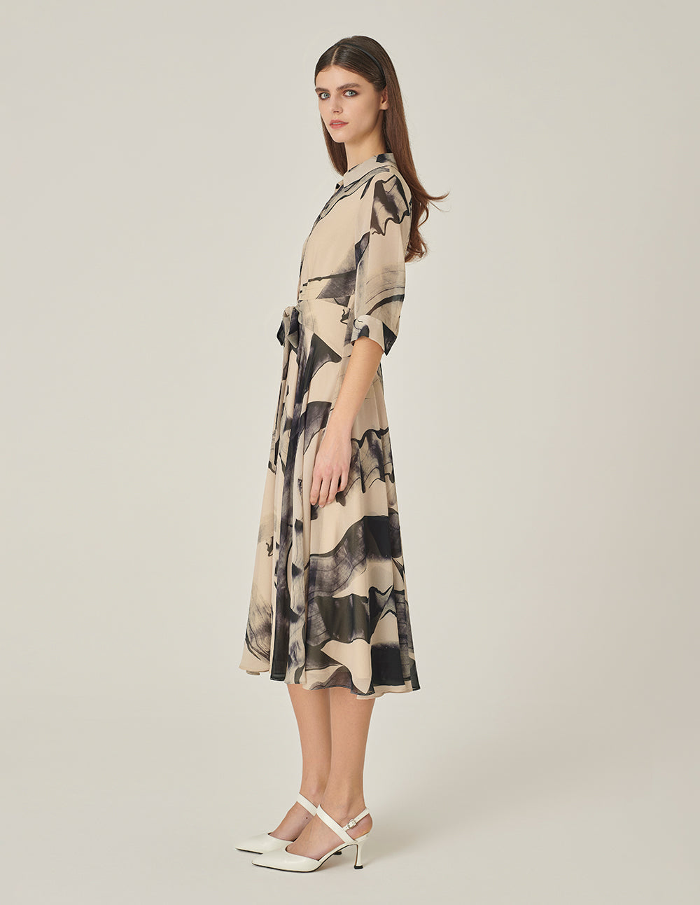 MARYLING 3/4 Sleeve Swing Print Shirt Dress