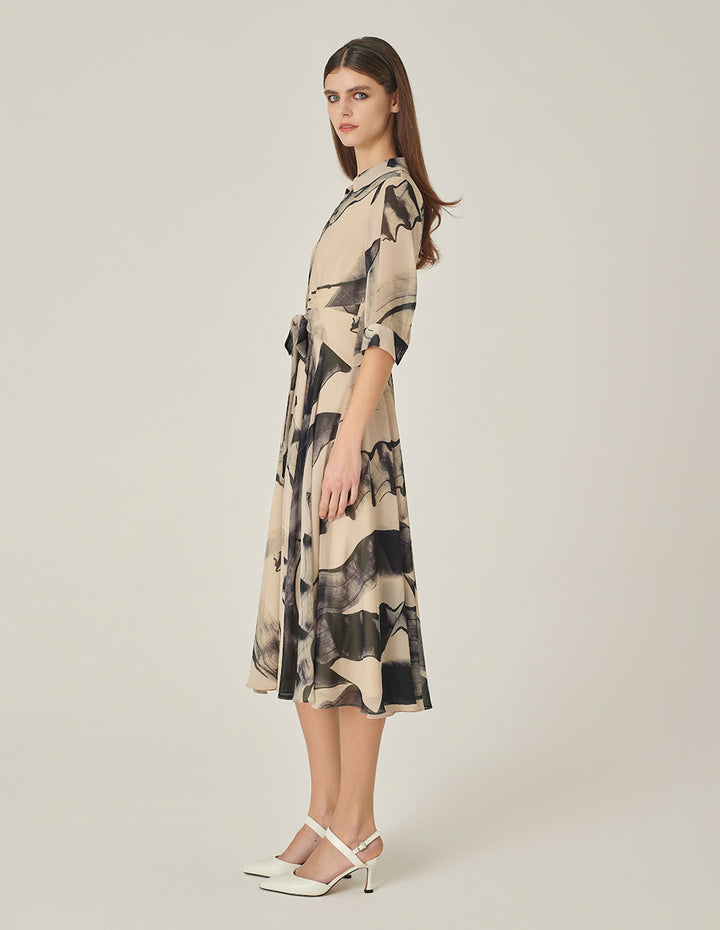 MARYLING 3/4 Sleeve Swing Print Shirt Dress