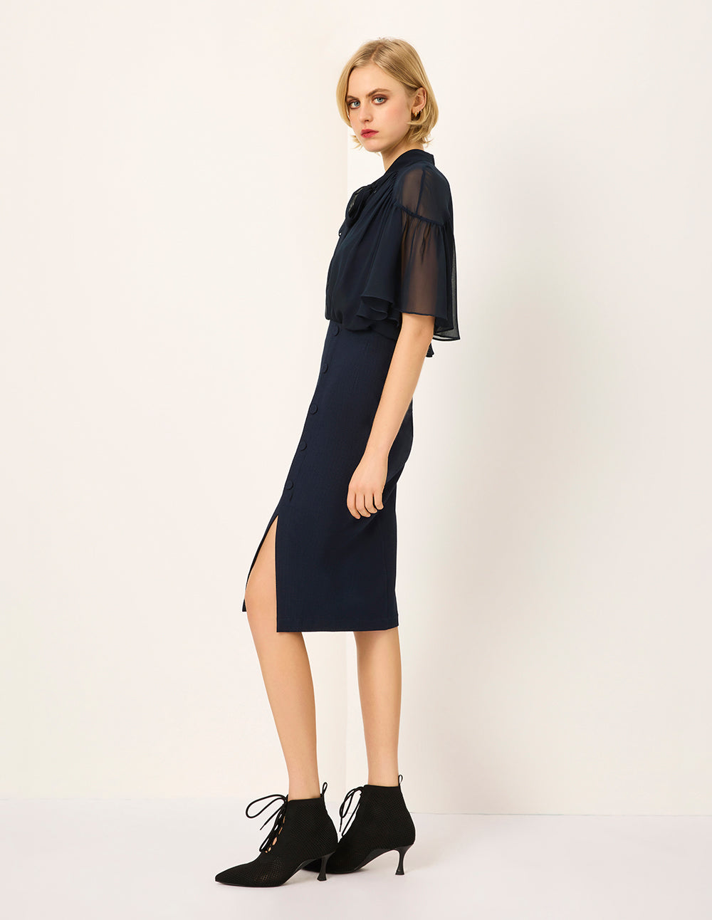 MARYLING V-Neck Half-Sleeve Sheer Overlay Bow Silk Black Top