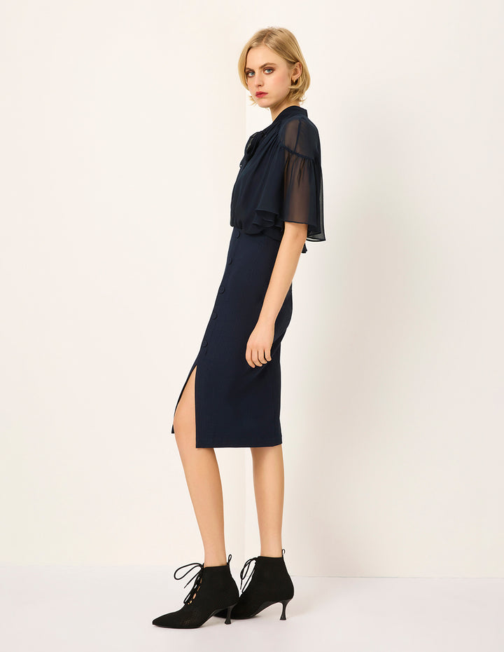 MARYLING V-Neck Half-Sleeve Sheer Overlay Bow Silk Black Top