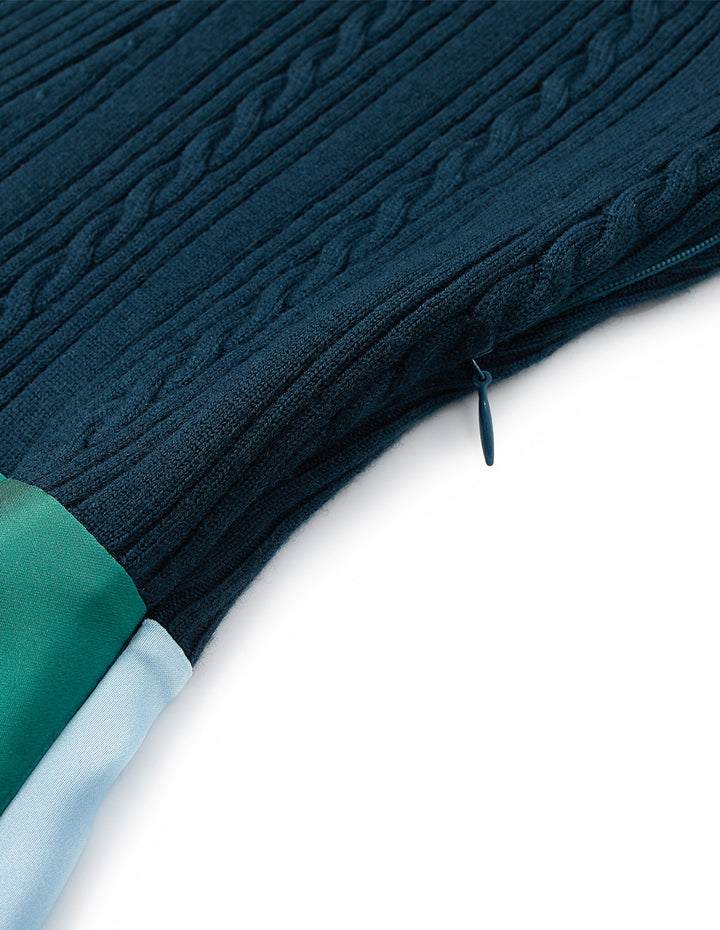 MARYLING Crew Collar Knitted Patchwork Printed Pleated Midi Dress