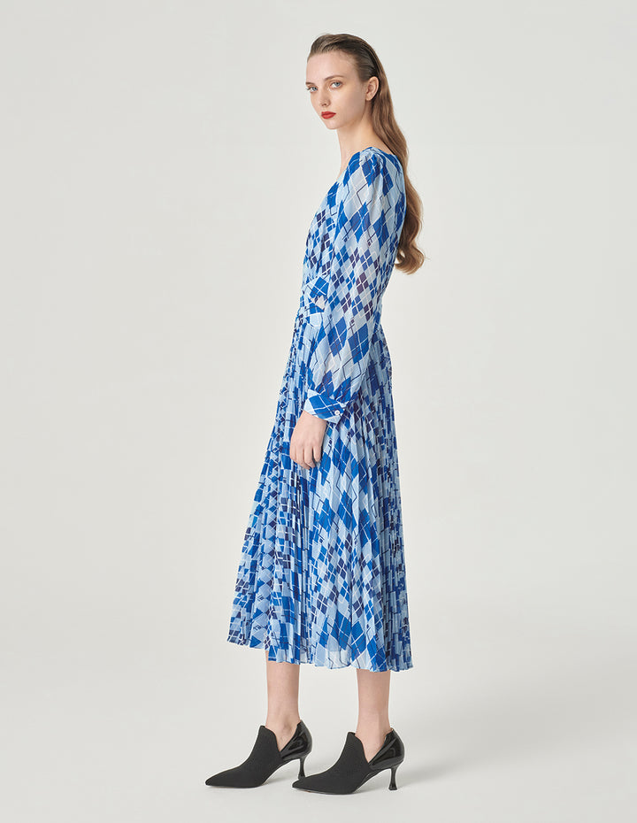 MARYLING Blue And White Diamond Plaid V-Neck A-Hem Dress