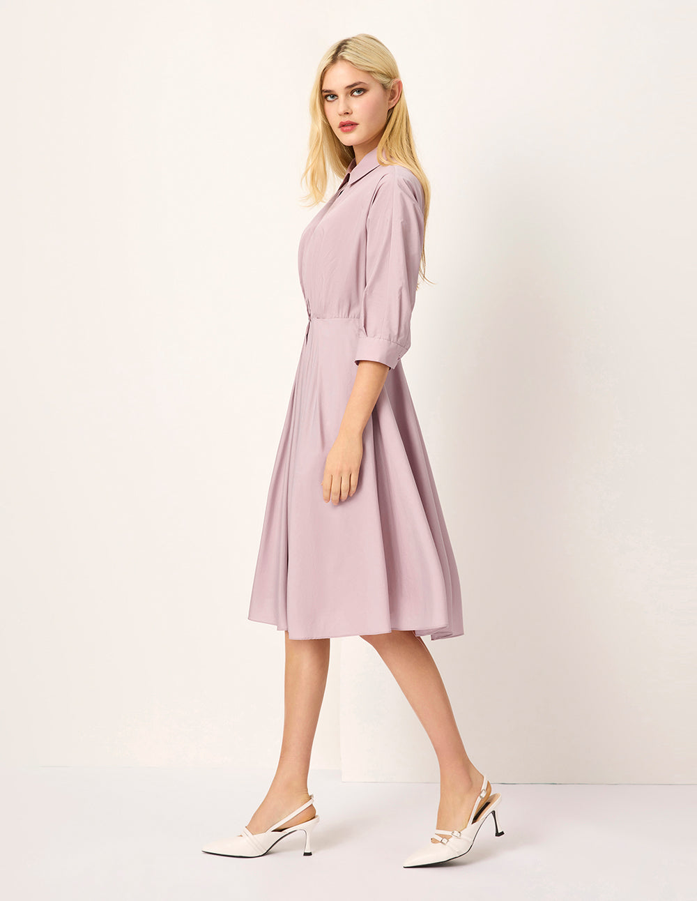 MARYLING Dusty Pink Long-Sleeve Pleated Midi Shirt Dress