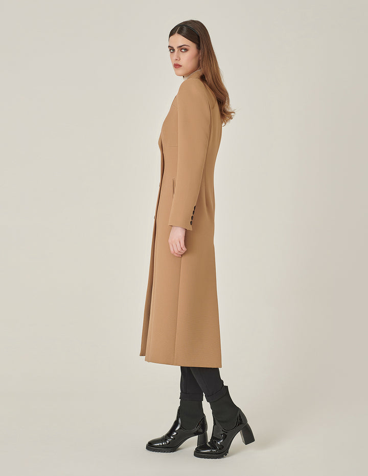 MARYLING Camel Peaked Lapel Double-Breasted Long Coat
