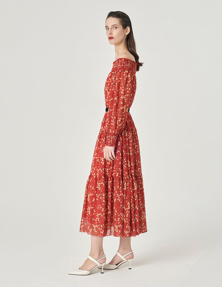 MARYLING Bateau Collar Printed Long Sleeve Dress