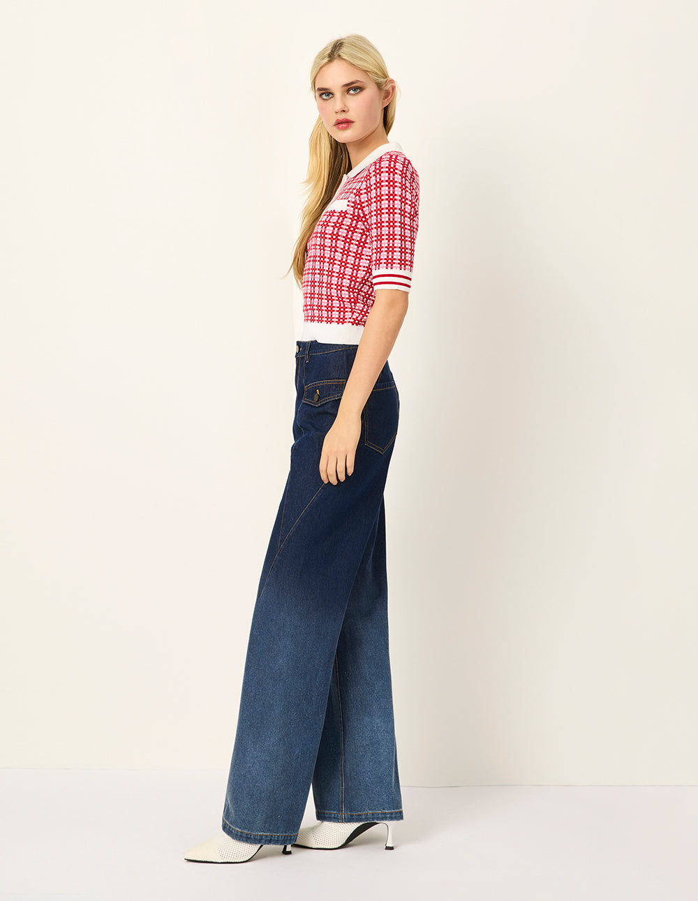 MARYLING Peter Pan Collar Red & White Checkered Short-Sleeves Sweater