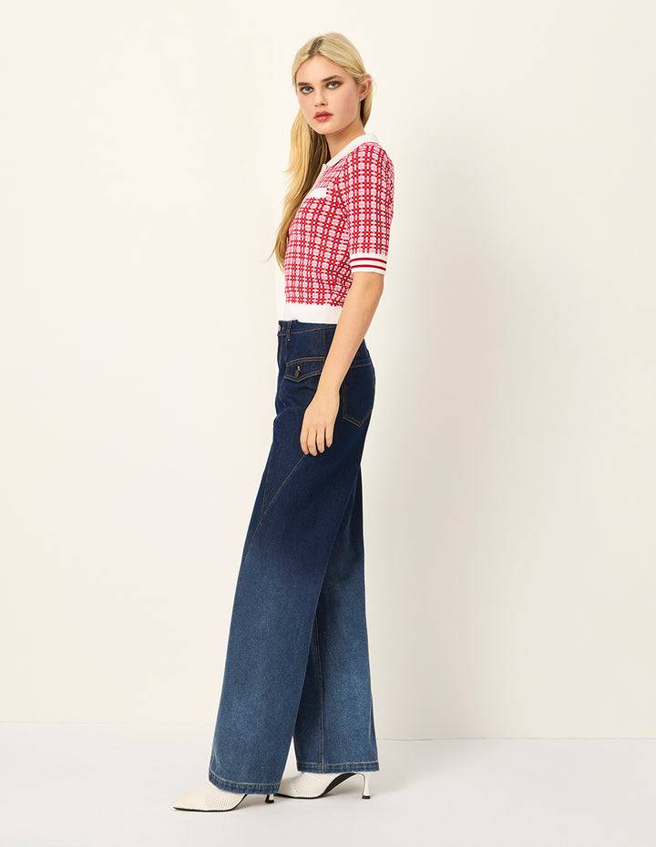 MARYLING Peter Pan Collar Red & White Checkered Short-Sleeves Sweater