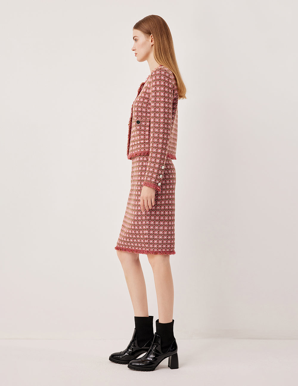 MARYLING Plaid Knit Pencil Skirt with Fringe Hem