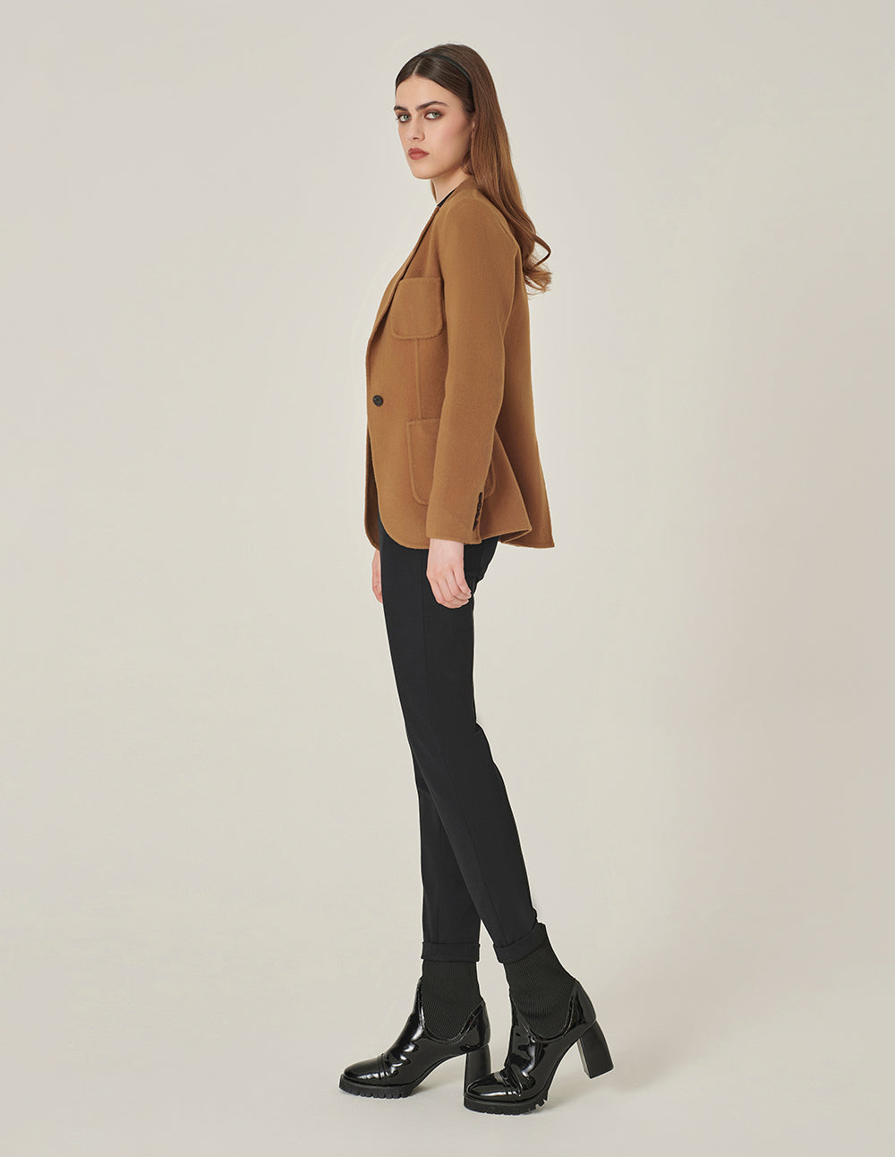 MARYLING Camel Wool Double-Faced Lapel Collar Single-Button Blazer