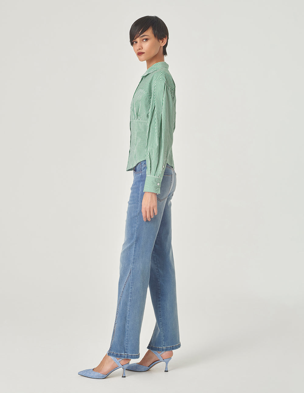 MARYLING Green And White Striped Cotton Blouse