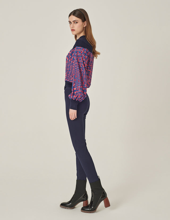 MARYLING V-Shaped Printed Patchwork Knitted Pullover