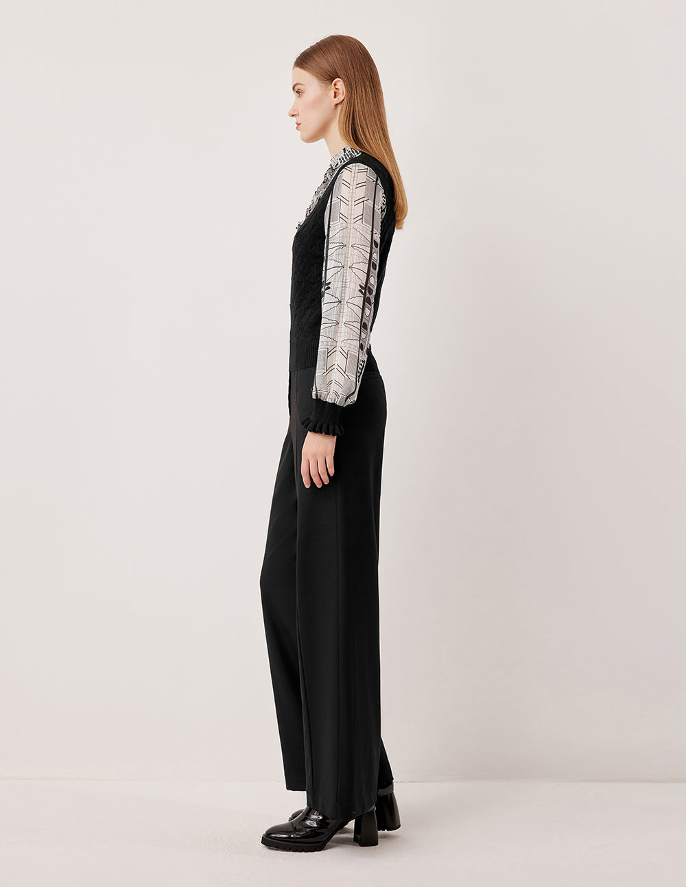 MARYLING Ruffled Turtleneck Printed Knit Long Sleeve Top