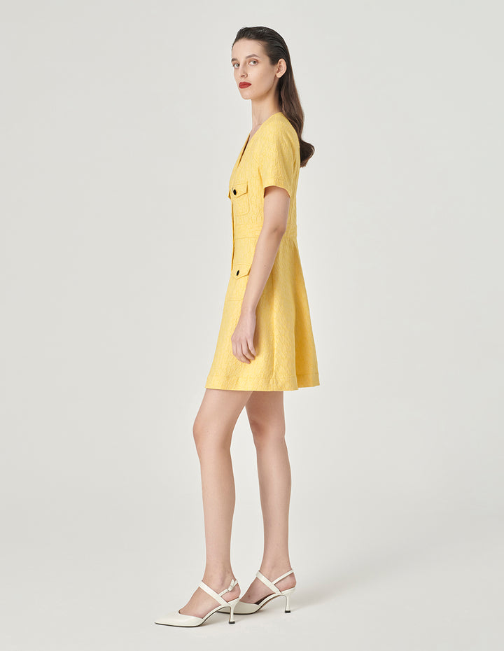 MARYLING V-Neck Short-Sleeve Letter-Logo Jacquard Dress